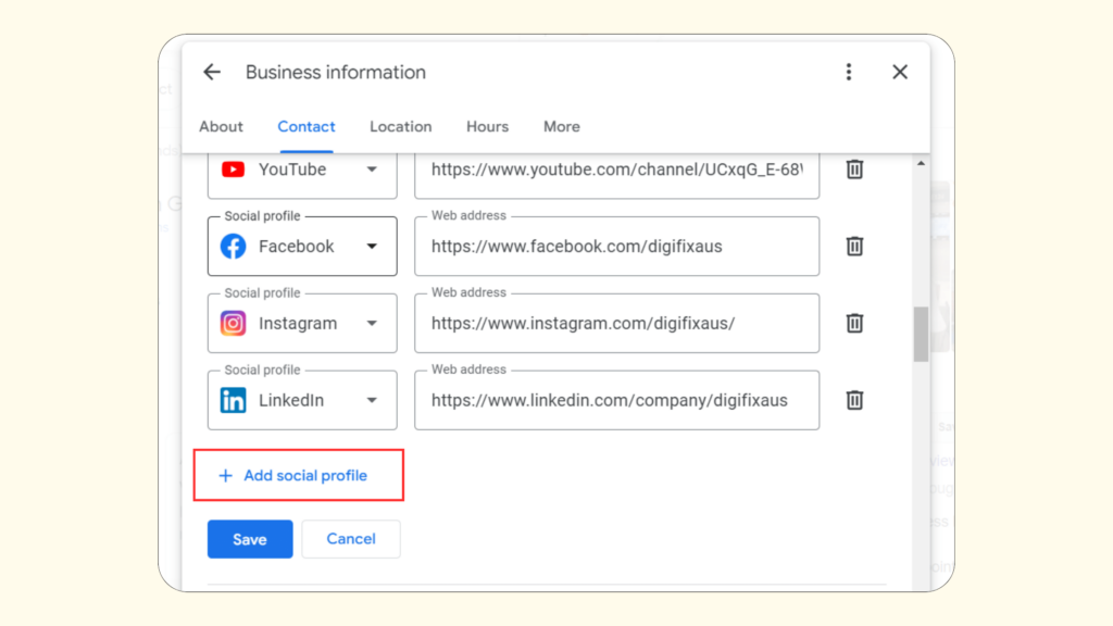 Add social profile button, How To Add Social Media Profiles To Google My Business