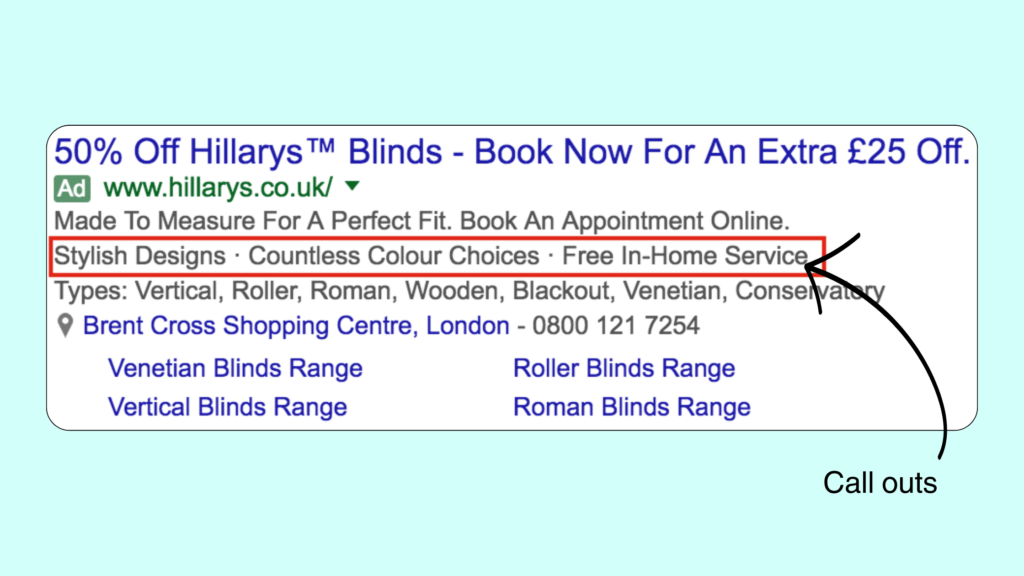 How to write effective Google Ads copy , Call outs of a Google ads