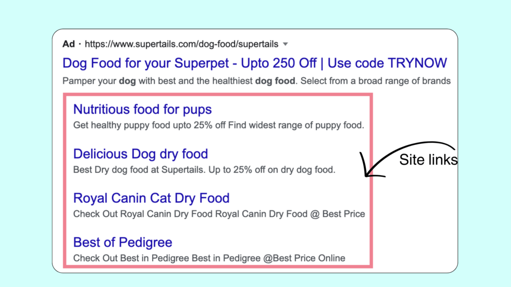 How to write effective Google Ads copy , Site links of a Google ads