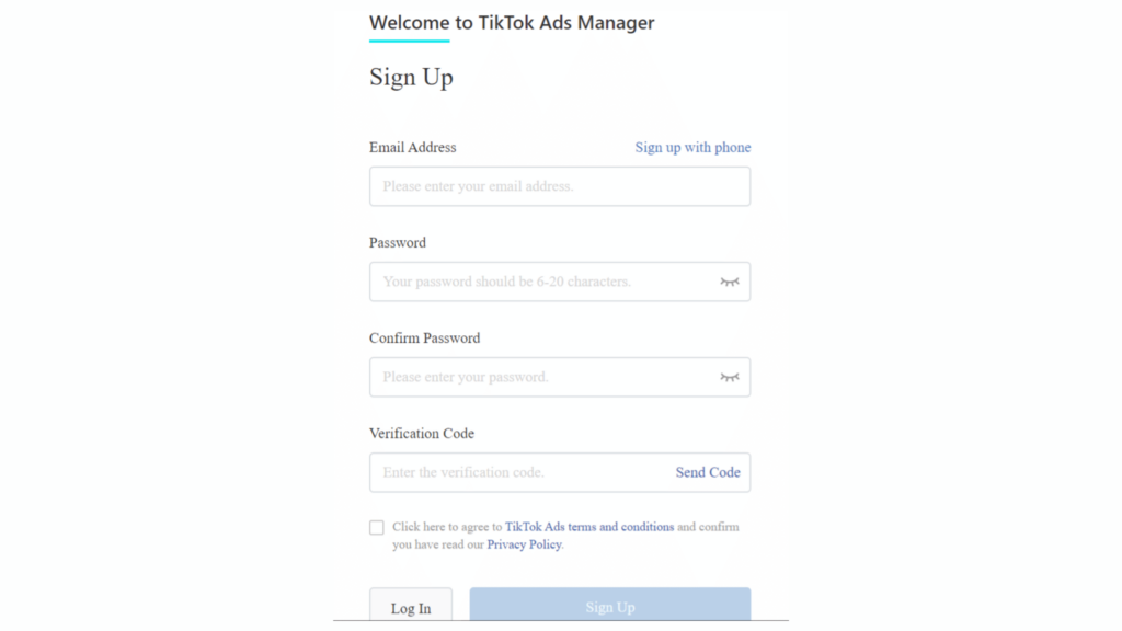 Sign up to TikTok Ads Manager
