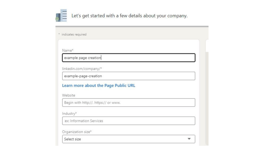 how to create a company page in LinkedIn fill details