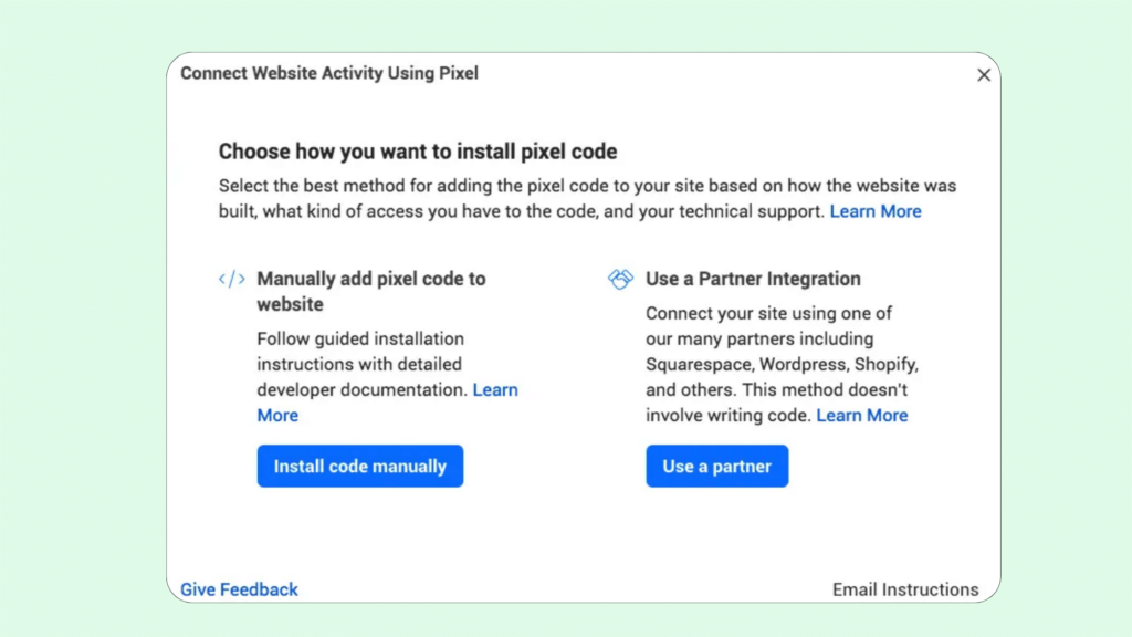 how to set up Facebook pixel , select how to install pixel code