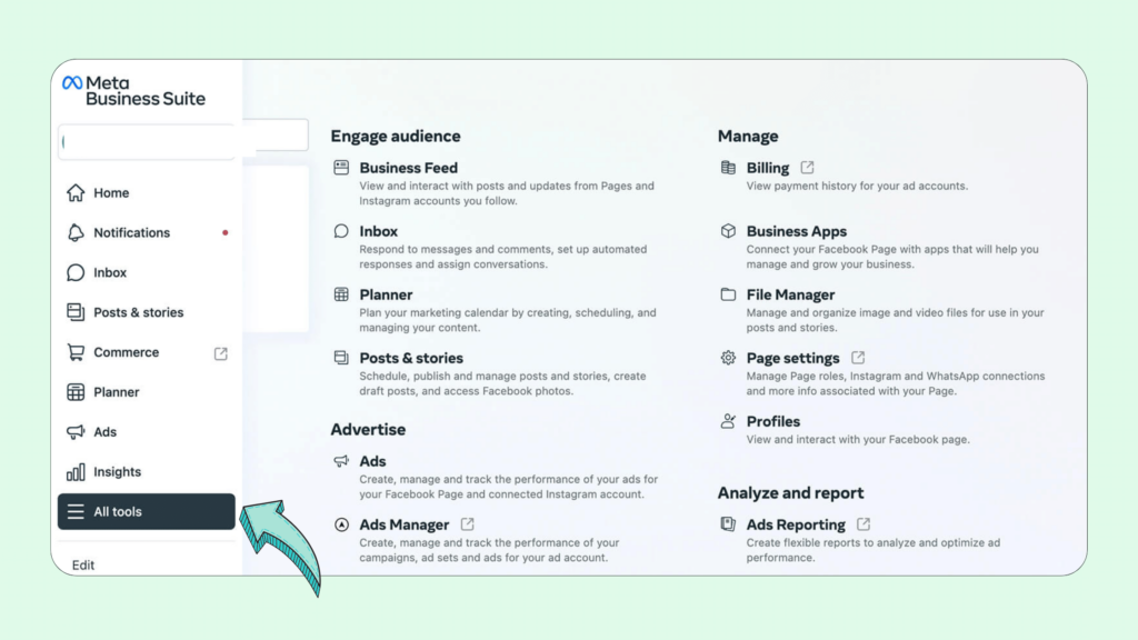 How to create a Facebook pixel - Select all tools option from left pannel How to create a Facebook pixel - Select all tools option from left pannel