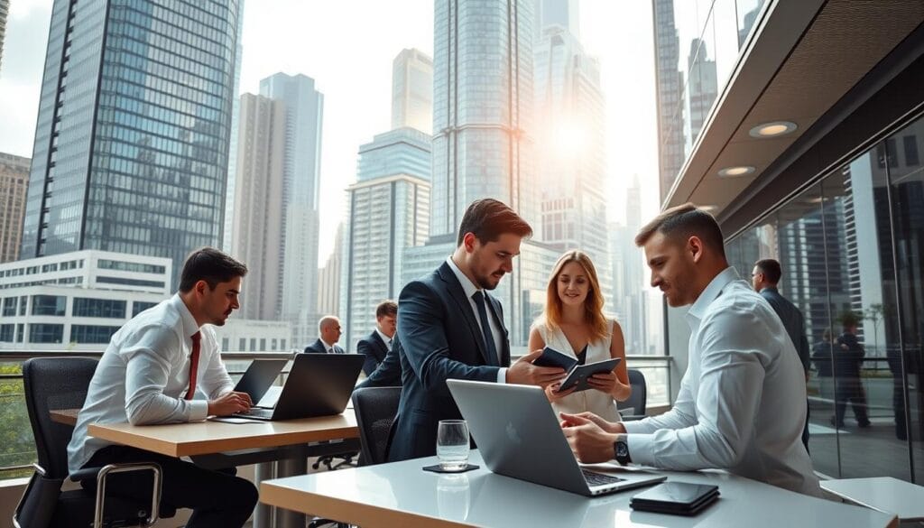 A Bustling Financial District, Skyscrapers Framing The Sky, Sunlight Filtering Through Glass Facades. In The Foreground, A Modern, Sleek Office Space Belonging To Digifix, A Finance Broker Firm. Carefully Curated Desks Showcase The Latest Technology - Laptops, Tablets, And Smartphones. Smartly Dressed Professionals Engage In Animated Discussions, Poring Over Financial Data And Investment Strategies. The Atmosphere Exudes A Sense Of Productivity, Innovation, And A Drive To Deliver Exceptional Results For Their Clients. This Is The Domain Of Digifix's Finance Broker Leads - A Team Of Highly Skilled And Dedicated Individuals Who Stand Out From The Competition Through Their Expertise, Attention To Detail, And Unwavering Commitment To Their Clients' Success.