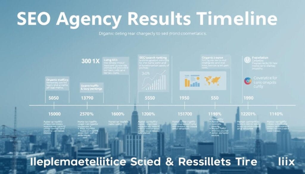 A Crisp, Modern Infographic Depicting The &Quot;Seo Agency Results Timeline&Quot; For The Digifix Agency. In The Foreground, A Sleek Timeline Chart Showcases The Progressive Milestones And Performance Metrics, Rendered In A Clean, Data-Driven Style. The Middle Ground Features Dynamic Graphs And Visualizations, Highlighting Key Seo Kpis Like Organic Traffic, Search Rankings, And Lead Generation. In The Background, A Minimalist City Skyline Sets The Scene, Suggesting The Urban Context Of Digifix's Seo Services. The Overall Aesthetic Is Polished, Tech-Savvy, And Data-Driven, Perfectly Suited To Illustrate The &Quot;Implementation Speed &Amp; Results Timeline&Quot; Section Of The Article.