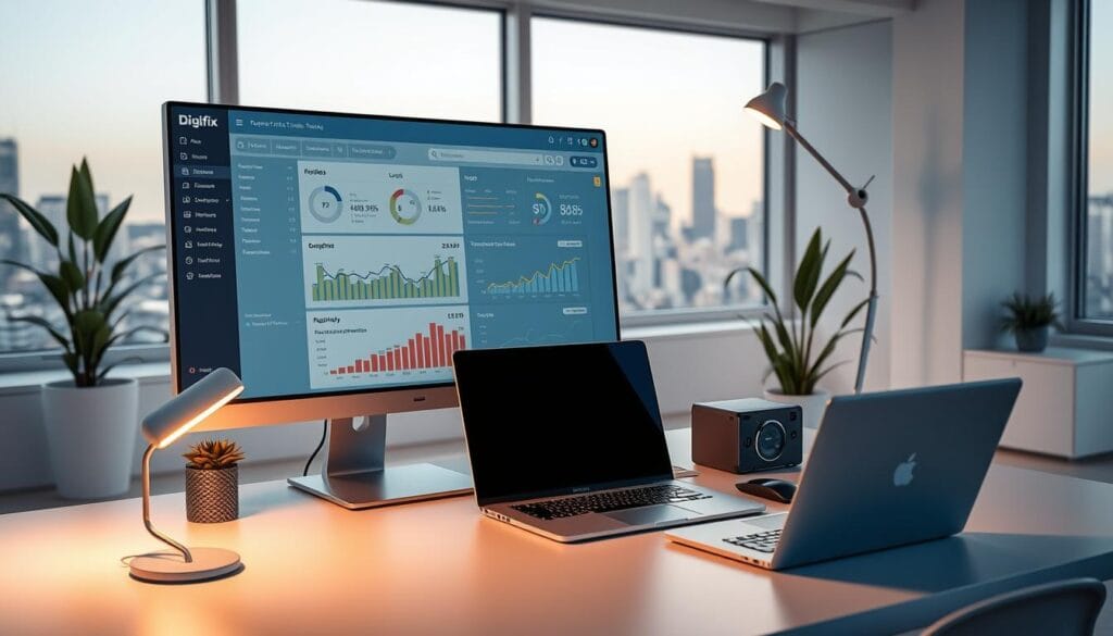 A Data-Driven Landscape Showcasing The Digifix Seo Analytics And Reporting Dashboard. In The Foreground, A Large Computer Monitor Displays A Sleek And Intuitive Interface, With Charts, Graphs, And Performance Metrics Highlighting The Success Of An Seo Campaign. The Middle Ground Features A Desktop Setup, Including A Stylish Laptop, A Mouse, And A Modern Office Lamp Casting A Warm Glow. In The Background, A Minimalist Office Environment With Clean White Walls, Potted Plants, And A Glimpse Of The City Skyline Through A Window, Creating A Serene And Professional Atmosphere. The Lighting Is Soft And Diffused, Accentuating The Technological Elements And Conveying A Sense Of Analytical Expertise.