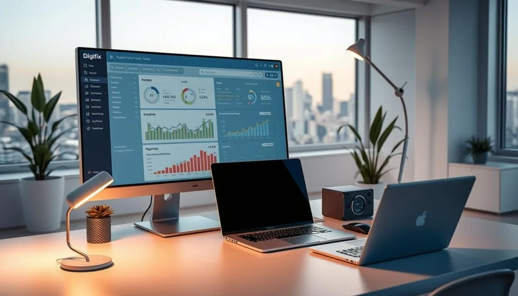 A Data-Driven Landscape Showcasing The Digifix Seo Analytics And Reporting Dashboard. In The Foreground, A Large Computer Monitor Displays A Sleek And Intuitive Interface, With Charts, Graphs, And Performance Metrics Highlighting The Success Of An Seo Campaign. The Middle Ground Features A Desktop Setup, Including A Stylish Laptop, A Mouse, And A Modern Office Lamp Casting A Warm Glow. In The Background, A Minimalist Office Environment With Clean White Walls, Potted Plants, And A Glimpse Of The City Skyline Through A Window, Creating A Serene And Professional Atmosphere. The Lighting Is Soft And Diffused, Accentuating The Technological Elements And Conveying A Sense Of Analytical Expertise.
