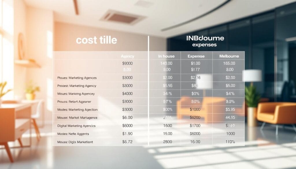 A Detailed Cost Comparison Chart Depicting The Fees Of A Digital Marketing Agency &Quot;Digifix&Quot; Versus The In-House Expenses For A Business In Melbourne. The Chart Features Neatly Arranged Columns And Rows, With Icons And Data Visualizations To Clearly Illustrate The Differences In Costs Between The Two Options. The Background Is A Clean, Minimalist Office Setting With Modern Furniture And Decor, Creating A Professional, Corporate Atmosphere. Warm, Natural Lighting Casts A Subtle Glow, Highlighting The Clarity And Organization Of The Data Presented. The Overall Mood Is One Of Informed Decision-Making, With The Chart Serving As A Valuable Tool For The Reader To Evaluate The Financial Implications Of Their Marketing Strategy.