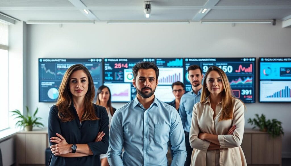 A Digital Marketing Expertise Comparison, Set In A Sleek, Minimalist Office Environment. In The Foreground, A Team Of Digital Marketing Experts From The Digifix Agency, Poised And Confident, Showcasing Their Expertise Through Holistic, Data-Driven Strategies. In The Middle Ground, An In-House Marketing Team, Their Expressions Contemplative, Reflecting The Knowledge Gap. The Background Features A Triptych Of Screens, Displaying Analytics, Social Media Metrics, And Campaign Performance, Illuminating The Specialized Skills Of The Digifix Team. Soft, Directional Lighting Casts An Aura Of Professionalism And Authority, While The Clean, Modern Aesthetic Underscores The Agency's Digital Marketing Prowess.