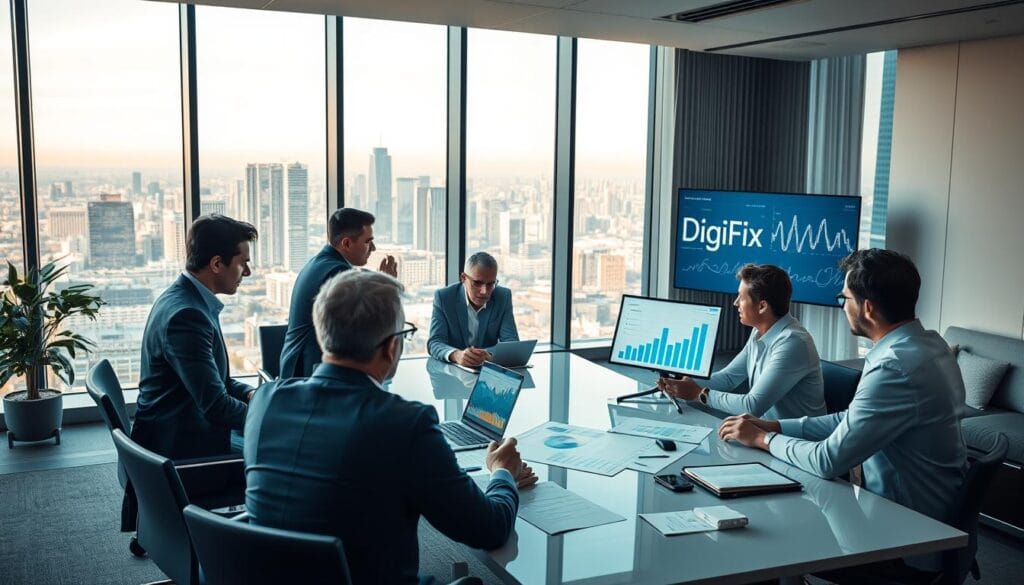 A High-Resolution, Detailed Image Of A Modern Office Setting, Featuring A Group Of Sydney Finance Brokers Engaged In A Lead Generation Strategy Meeting. The Scene Is Bathed In Warm, Soft Lighting, Creating A Professional Yet Inviting Atmosphere. In The Foreground, A Team Of Well-Dressed Individuals Is Gathered Around A Large Conference Table, Discussing Charts, Graphs, And Digital Displays Showcasing Digifix's Lead Generation Solutions. The Middle Ground Includes A Panoramic View Of The City Skyline Visible Through Large Windows, Emphasizing The Urban Setting. The Background Is Filled With Sleek, Minimalist Decor, Complementing The Contemporary Aesthetic. The Overall Composition Conveys A Sense Of Collaboration, Strategic Planning, And The Success Of Digifix's Lead Generation Services For Sydney Finance Brokers.