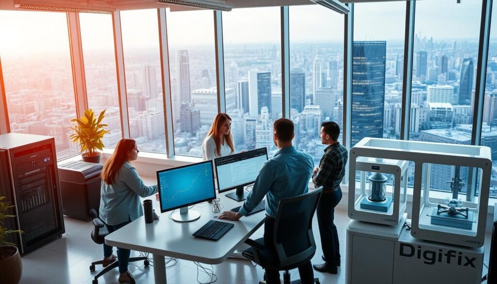 A High-Tech Digital Marketing Agency Called Digifix, Set In A Modern, Well-Lit Office Space. In The Foreground, A Team Of Professionals Collaborating Around A Sleek, Minimalist Workstation, Discussing Strategies And Analyzing Data On Their Screens. In The Middle Ground, An Array Of Cutting-Edge Technology, Including Servers, Monitors, And A 3D Printer, Hinting At The Agency'S Innovative Approach. In The Background, Large Windows Offer A Panoramic View Of A Bustling City Skyline, Conveying A Sense Of Urban Energy And A Forward-Thinking, Dynamic Atmosphere. The Overall Scene Exudes A Balance Of Professionalism, Creativity, And Technical Expertise, Reflecting The Agency'S Ability To Deliver Effective Digital Marketing Solutions.