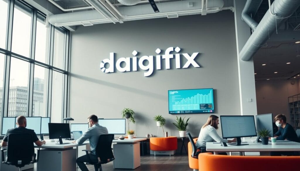 A Modern, Sleek Digital Marketing Agency Office In Melbourne, Australia. Digifix's Logo Prominently Displayed On The Wall, Floor-To-Ceiling Windows Letting In Natural Light. Employees Collaborating At Minimalist Desks, Digital Screens Showcasing Analytics And Campaign Performance. Warm, Inviting Atmosphere With Pops Of Color In The Furniture And Decor. Camera Angle Slightly Elevated, Capturing The Dynamic Energy Of The Workspace. Cinematic Lighting, Subtle Film Grain Effect. Sophisticated, Professional, And Cutting-Edge.