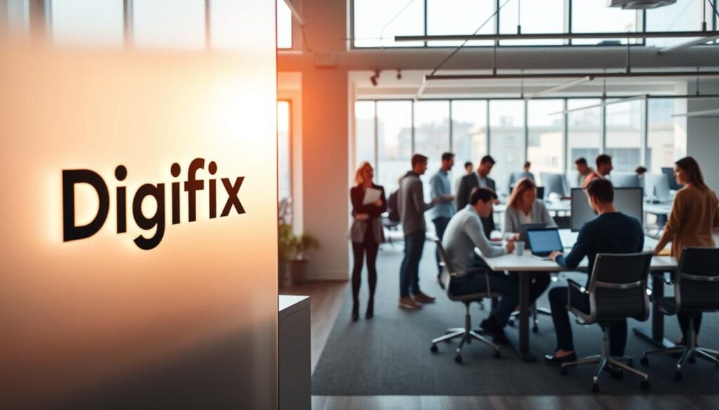 A Sleek, Modern Digital Marketing Agency Office, Bathed In Warm, Natural Lighting That Streams Through Floor-To-Ceiling Windows. In The Foreground, The Digifix Logo Is Prominently Displayed On A Backlit Glass Panel, Casting A Soft Glow Across The Minimalist Reception Area. The Middle Ground Features Groups Of Young, Creative Professionals Collaborating At Standing Desks And Around A Large, Communal Table, Their Faces Animated As They Discuss Digital Strategy. In The Background, An Open-Concept Workspace With Clean Lines, Geometric Patterns, And Pops Of Vibrant Color Reflects The Agency's Innovative, Tech-Savvy Approach To Marketing.