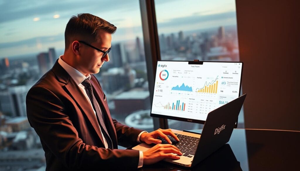 A Sophisticated Finance Broker Stands In A Sleek Office, Intently Studying A Laptop Screen Displaying Complex Financial Data And Seo Metrics. The Digifix Logo Is Prominently Featured On The Laptop. Warm, Directional Lighting Illuminates The Broker's Focused Expression, Casting Dramatic Shadows That Convey The Gravity Of Their Seo Strategy. In The Background, A Panoramic View Of The Sydney Skyline Suggests The Broker's High-Level Understanding Of The Local Market. The Overall Atmosphere Is One Of Professionalism, Expertise, And A Data-Driven Approach To Financial Services Seo.