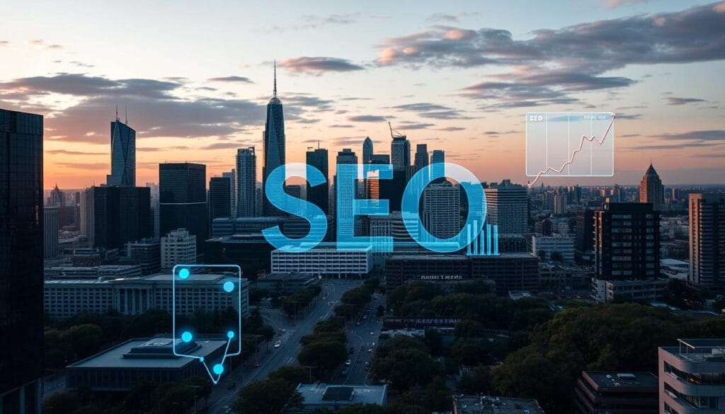Generate An Image Of A Melbourne Cityscape With A Digital Overlay Representing Seo Services.