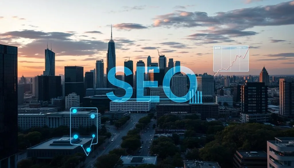 Generate An Image Of A Melbourne Cityscape With A Digital Overlay Representing Seo Services.