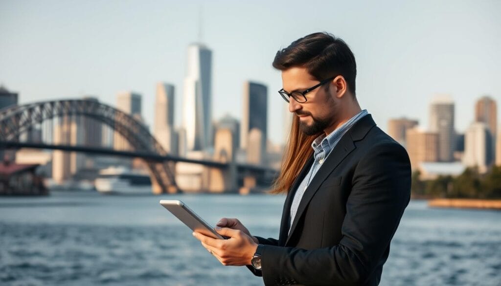 Generate An Image Of A Finance Broker In Sydney Using A Digital Device To Access Leads Generated By Digifix.