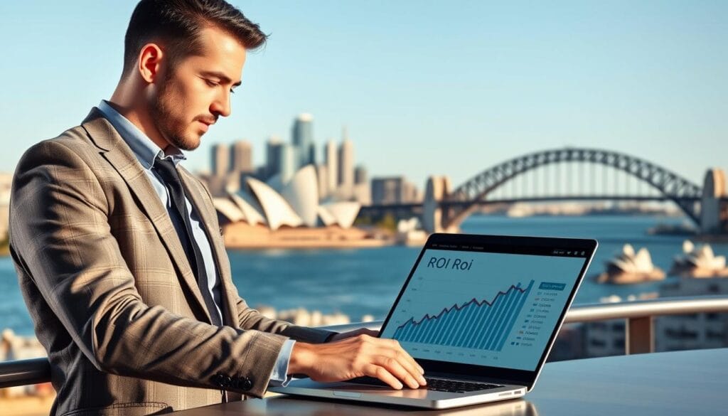 Generate An Image Of A Finance Broker Reviewing Roi On A Laptop With A Sydney Cityscape In The Background