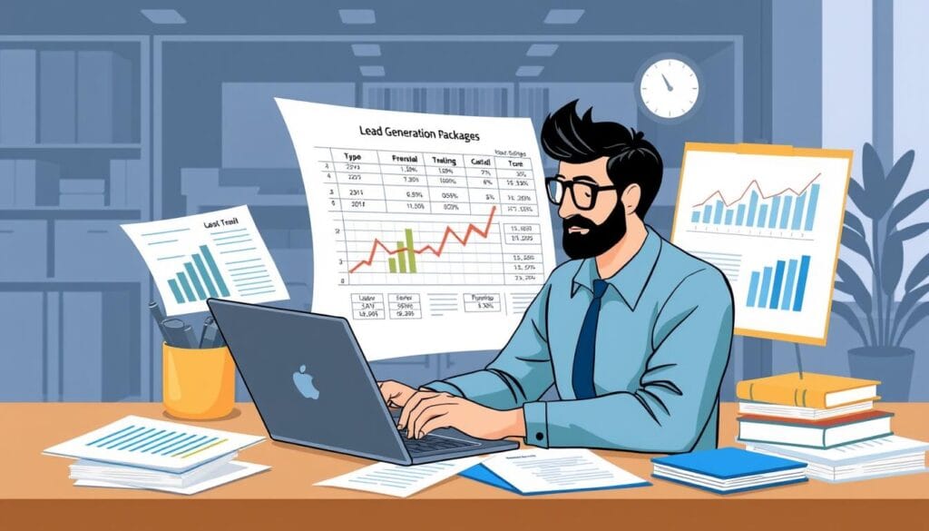 Image Of A Finance Broker Reviewing Lead Generation Packages On A Laptop