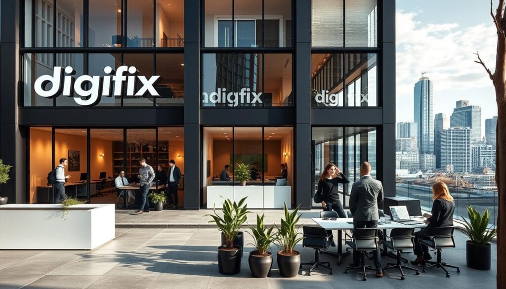 A Professional And Modern Digital Marketing Agency Office In Melbourne, Australia, With The Brand Name &Quot;Digifix&Quot; Prominently Displayed On The Facade. The Building Has A Sleek, Minimalist Design With Large Windows, Clean Lines, And A Mix Of Glass, Steel, And Concrete Materials. The Scene Is Bathed In Warm, Natural Lighting, Creating A Welcoming And Productive Atmosphere. In The Foreground, There Are Well-Dressed Employees Collaborating At Standing Desks Or Discussing Strategies Around A Conference Table. The Middle Ground Features A Reception Area With A Minimalist Design And Potted Plants, While The Background Showcases The Vibrant Cityscape Of Melbourne's Skyline. A Professional And Modern Digital Marketing Agency Office In Melbourne, Australia, With The Brand Name &Quot;Digifix&Quot; Prominently Displayed On The Facade. The Building Has A Sleek, Minimalist Design With Large Windows, Clean Lines, And A Mix Of Glass, Steel, And Concrete Materials. The Scene Is Bathed In Warm, Natural Lighting, Creating A Welcoming And Productive Atmosphere. In The Foreground, There Are Well-Dressed Employees Collaborating At Standing Desks Or Discussing Strategies Around A Conference Table. The Middle Ground Features A Reception Area With A Minimalist Design And Potted Plants, While The Background Showcases The Vibrant Cityscape Of Melbourne's Skyline.