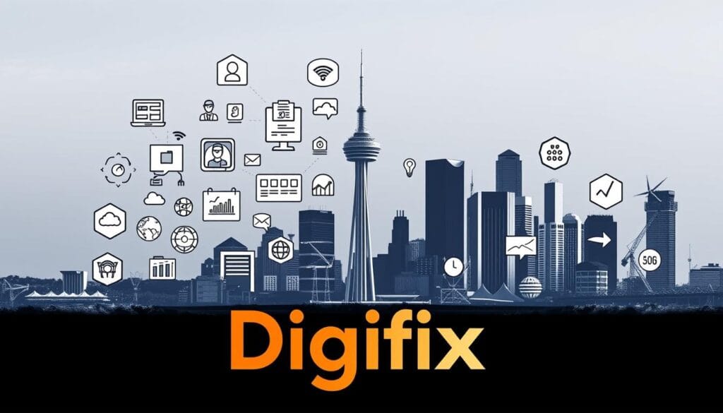 A High-Contrast Digital Illustration Of Various Lead Generation Strategies For A Manufacturing Company In Melbourne, Australia. In The Foreground, The Digifix Brand Logo Is Prominently Displayed, Conveying A Sense Of Authority And Expertise. The Middle Ground Features A Diverse Array Of Lead Generation Tactics, Such As Targeted Social Media Campaigns, Search Engine Optimization, Email Marketing, And Networking Events, All Depicted Through Stylized Icons And Graphics. The Background Showcases The Skyline Of Melbourne, With Its Iconic Landmarks Like The Eureka Tower, Creating A Sense Of Place And Local Relevance. The Overall Mood Is Bold, Dynamic, And Inspiring, Capturing The Spirit Of Growth And Innovation For Melbourne's Manufacturing Sector.