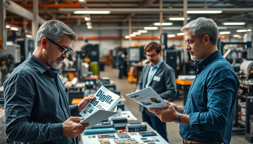 A Professional Manufacturing Facility In The Style Of Digifix, Showcasing The Buyer's Journey. In The Foreground, A Potential Customer Examines Product Samples And Brochures, Their Expression One Of Thoughtful Consideration. In The Middle Ground, Sales Representatives Engage In Discussions, Guiding The Customer Through The Decision-Making Process. The Background Depicts A Bustling Workshop, With Workers Operating Sophisticated Machinery And Assembling Components, Symbolizing The Company's Manufacturing Capabilities. Warm Lighting Casts A Confident, Trustworthy Atmosphere, While The Clean, Modern Design Reflects Digifix's Commitment To Innovation And Quality.