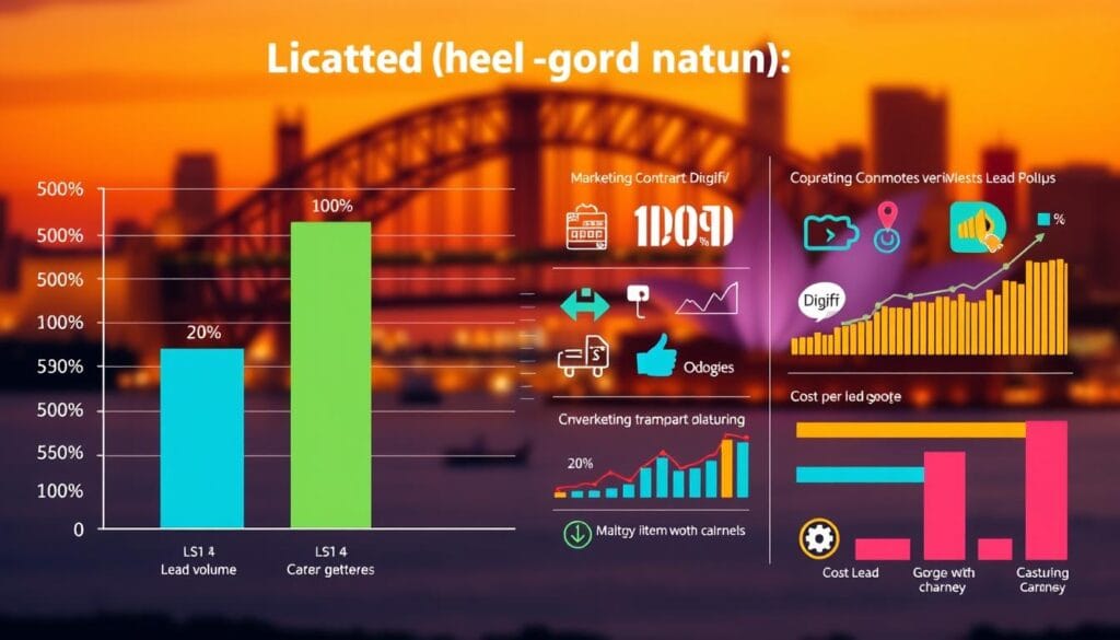 A Vibrant, Data-Driven Infographic Depicting Key Lead Generation Metrics For A Manufacturing Company. In The Foreground, A Sleek Bar Chart Showcases Kpis Like Lead Volume, Conversion Rate, And Cost Per Lead, With The Digifix Brand Prominently Displayed. The Middle Ground Features An Array Of Colorful Icons And Graphs, Illustrating The Impact Of Various Marketing Channels. In The Background, A Subtle City Skyline Evokes The Setting Of Sydney, Complemented By Warm, Directional Lighting That Casts An Air Of Professionalism And Success.