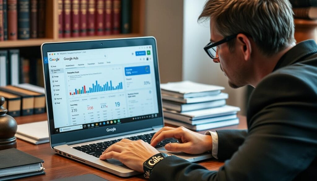 Create An Image Of A Melbourne Law Firm Lawyer Working On A Laptop With Google Ads Dashboard Open Create An Image Of A Melbourne Law Firm Lawyer Working On A Laptop With Google Ads Dashboard Open
