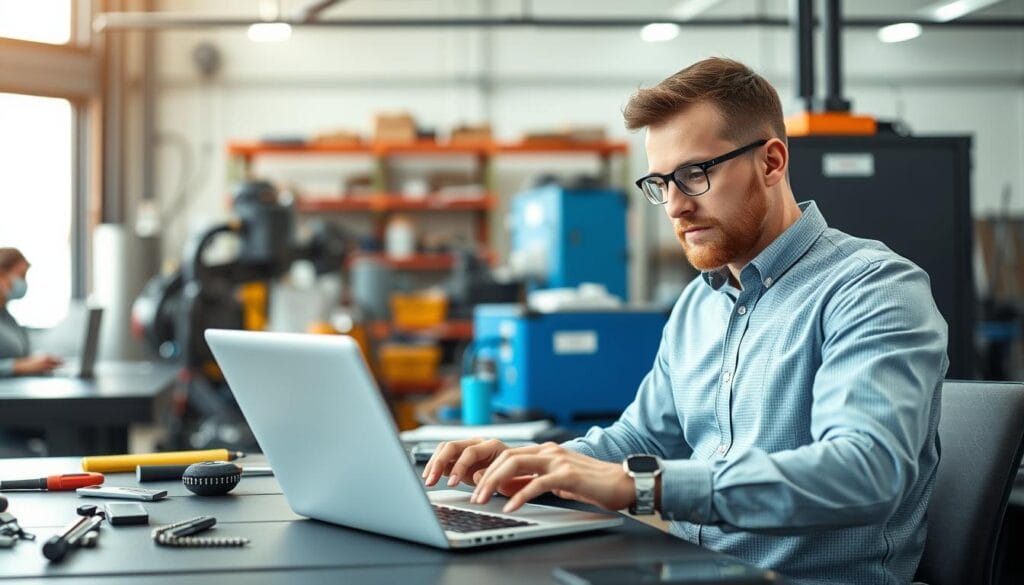 Image Of A Manufacturing Professional Creating Content On A Laptop