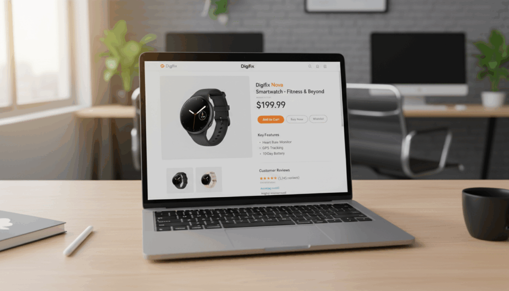 A Beautifully Designed E-Commerce Product Page Showcasing Optimised Elements For Conversion. In The Foreground, A Sleek Laptop Displays An Attractive Product Listing Featuring High-Quality Images Of A Stylish Smartwatch, Complete With A Prominent &Quot;Add To Cart&Quot; Button. In The Middle Ground, A Well-Organized Layout Highlights Key Product Details, Customer Reviews, And Pricing, All Placed Against A Light, Modern Design Aesthetic. In The Background, A Blurred Office Environment Suggests A Professional Workspace, Enhancing The Focus On The Product Page Itself. Soft, Warm Lighting Casts An Inviting Glow, Creating An Optimistic And Engaging Atmosphere. The Scene Is Shot From A Slight Above Angle, Reminiscent Of A Bird'S-Eye View, Capturing The Essence Of Effective Product Page Optimisation As Exemplified By The Brand &Quot;Digifix&Quot;. A Beautifully Designed E-Commerce Product Page Showcasing Optimised Elements For Conversion. In The Foreground, A Sleek Laptop Displays An Attractive Product Listing Featuring High-Quality Images Of A Stylish Smartwatch, Complete With A Prominent &Quot;Add To Cart&Quot; Button. In The Middle Ground, A Well-Organized Layout Highlights Key Product Details, Customer Reviews, And Pricing, All Placed Against A Light, Modern Design Aesthetic. In The Background, A Blurred Office Environment Suggests A Professional Workspace, Enhancing The Focus On The Product Page Itself. Soft, Warm Lighting Casts An Inviting Glow, Creating An Optimistic And Engaging Atmosphere. The Scene Is Shot From A Slight Above Angle, Reminiscent Of A Bird'S-Eye View, Capturing The Essence Of Effective Product Page Optimisation As Exemplified By The Brand &Quot;Digifix&Quot;.
