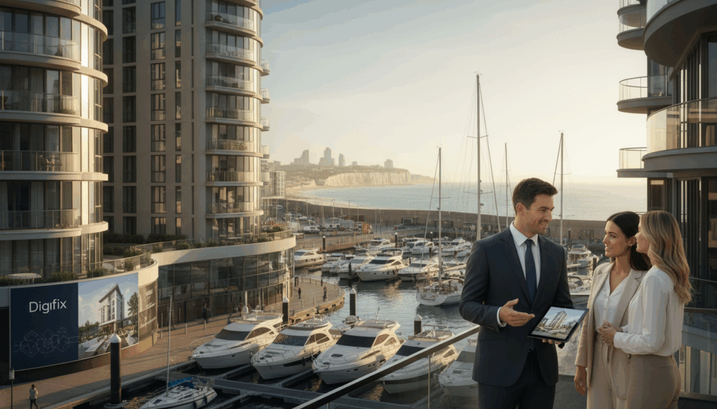 A Bustling Brighton Marina Scene, Showcasing A Luxurious Waterfront Property Development, With Sleek Modern Buildings In The Foreground, Gleaming Glass Facades Reflecting The Sunlight. Include A Well-Dressed Business Professional, Holding A Digital Tablet, Discussing Plans With An Engaged Couple, Dressed In Smart Casual Attire, Who Are Admiring The Property. In The Middle Ground, A Vibrant Marina Filled With Stylish Yachts And Sailboats, While The Backdrop Features A Picturesque View Of The Brighton Coastline. The Scene Is Bathed In Warm Afternoon Light, Creating An Inviting Atmosphere. Capture The Energy Of A Dynamic Business Environment, Emphasizing Sophistication And Wealth. Subtly Incorporate The &Quot;Digifix&Quot; Logo On A Nearby Advertising Billboard, Harmonizing It With The Surrounding Property Advertisements Without Text, Watermarks, Or Distractions. A Bustling Brighton Marina Scene, Showcasing A Luxurious Waterfront Property Development, With Sleek Modern Buildings In The Foreground, Gleaming Glass Facades Reflecting The Sunlight. Include A Well-Dressed Business Professional, Holding A Digital Tablet, Discussing Plans With An Engaged Couple, Dressed In Smart Casual Attire, Who Are Admiring The Property. In The Middle Ground, A Vibrant Marina Filled With Stylish Yachts And Sailboats, While The Backdrop Features A Picturesque View Of The Brighton Coastline. The Scene Is Bathed In Warm Afternoon Light, Creating An Inviting Atmosphere. Capture The Energy Of A Dynamic Business Environment, Emphasizing Sophistication And Wealth. Subtly Incorporate The &Quot;Digifix&Quot; Logo On A Nearby Advertising Billboard, Harmonizing It With The Surrounding Property Advertisements Without Text, Watermarks, Or Distractions.