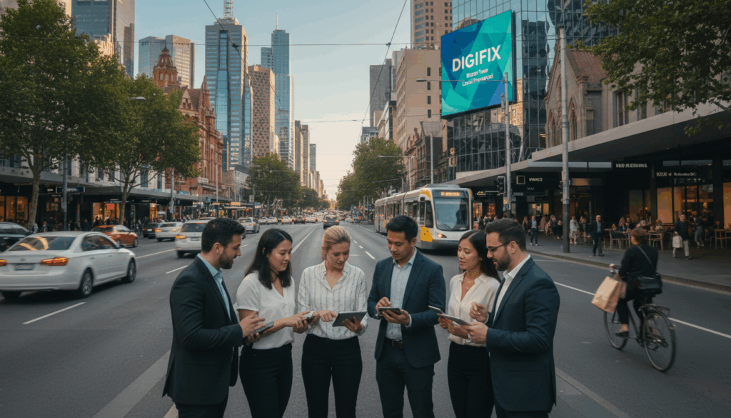 A Bustling Melbourne Cbd Street Scene Illustrating Traffic Growth And Local Visibility For Seo Services. In The Foreground, A Diverse Group Of Professionals In Business Attire Engaged In Discussions While Holding Digital Devices, Symbolizing Collaboration And Innovation. The Middle Ground Features Vehicles And Pedestrians Moving Through A Vibrant Cityscape, Showcasing Busy Sidewalks Lined With Modern Shops And Cafes. The Background Includes Iconic Melbourne Architecture, Such As The Eureka Tower And Rmit University, Under A Clear Blue Sky. Soft, Warm Lighting Enhances The Scene, Creating An Optimistic Atmosphere. The Image Conveys The Dynamism And Potential Of Digital Marketing With A Hint Of The Brand Name &Quot;Digifix&Quot; Subtly Integrated Into The Environment, Perhaps As Part Of A Storefront Or Digital Billboard.