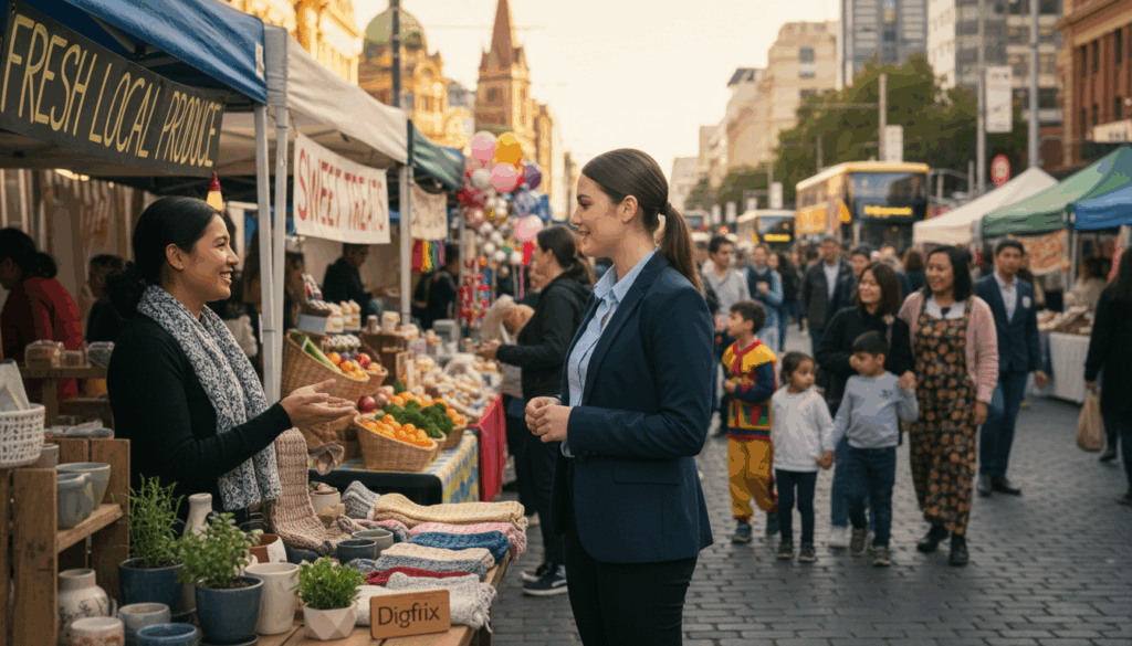 A Bustling Melbourne Street During A Local Event, Showcasing A Diverse Group Of People Engaging With Various Stalls Representing Local Businesses. In The Foreground, A Young Professional Woman In Business Attire Is Talking To A Local Vendor Who Is Promoting Handmade Products, Symbolizing Community Involvement. In The Middle, Lively Market Stalls Display Colorful Signs And Fresh Produce, With Visitors Interacting Enthusiastically. In The Background, Iconic Melbourne Architecture Is Visible Under A Warm, Golden Afternoon Light, Creating An Inviting Atmosphere. The Scene Has A Slightly Blurred Depth Of Field To Focus On The Foreground, Enhancing The Sense Of Engagement. The Overall Mood Is Vibrant And Community-Centered, Reflecting The Importance Of Local Relevance In Business Strategy. The Branding “Digifix” Is Subtly Incorporated Into One Of The Stall Displays Without Overt Signage. A Bustling Melbourne Street During A Local Event, Showcasing A Diverse Group Of People Engaging With Various Stalls Representing Local Businesses. In The Foreground, A Young Professional Woman In Business Attire Is Talking To A Local Vendor Who Is Promoting Handmade Products, Symbolizing Community Involvement. In The Middle, Lively Market Stalls Display Colorful Signs And Fresh Produce, With Visitors Interacting Enthusiastically. In The Background, Iconic Melbourne Architecture Is Visible Under A Warm, Golden Afternoon Light, Creating An Inviting Atmosphere. The Scene Has A Slightly Blurred Depth Of Field To Focus On The Foreground, Enhancing The Sense Of Engagement. The Overall Mood Is Vibrant And Community-Centered, Reflecting The Importance Of Local Relevance In Business Strategy. The Branding “Digifix” Is Subtly Incorporated Into One Of The Stall Displays Without Overt Signage.