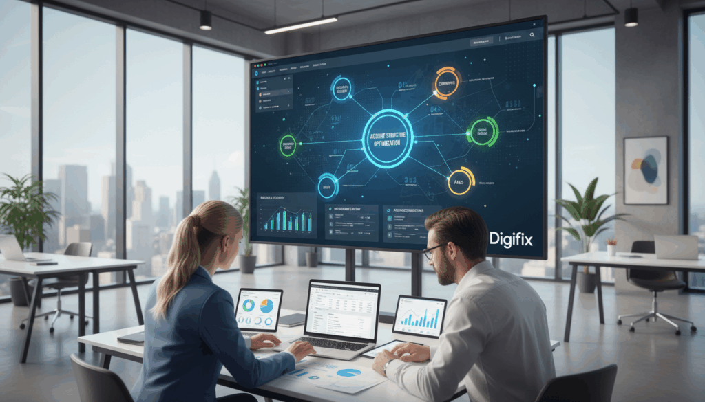 A Detailed Account Structure Analysis Scene For A Professional Google Ads Audit. In The Foreground, Depict A Diverse Group Of Three Business Professionals, One Woman And Two Men, Attentively Examining Data On A Laptop Surrounded By Analytics Charts And Graphs Showing Campaign Performance Metrics. The Middle Layer Includes A Large Digital Display Showing Interconnected Nodes Symbolizing Account Structure Optimization, With Vibrant Colors Like Blue And Green For Clarity And Engagement. The Background Features A Modern Office With Floor-To-Ceiling Windows, Letting In Natural Light That Creates A Bright And Optimistic Atmosphere. The Professionals Are Dressed In Smart Business Attire, Reflecting A Corporate Environment. Soft Shadows Enhance Depth, Captured With A Wide-Angle Lens To Create A Sense Of Space. The Brand Name &Quot;Digifix&Quot; Subtly Incorporated In The Design Elements. A Detailed Account Structure Analysis Scene For A Professional Google Ads Audit. In The Foreground, Depict A Diverse Group Of Three Business Professionals, One Woman And Two Men, Attentively Examining Data On A Laptop Surrounded By Analytics Charts And Graphs Showing Campaign Performance Metrics. The Middle Layer Includes A Large Digital Display Showing Interconnected Nodes Symbolizing Account Structure Optimization, With Vibrant Colors Like Blue And Green For Clarity And Engagement. The Background Features A Modern Office With Floor-To-Ceiling Windows, Letting In Natural Light That Creates A Bright And Optimistic Atmosphere. The Professionals Are Dressed In Smart Business Attire, Reflecting A Corporate Environment. Soft Shadows Enhance Depth, Captured With A Wide-Angle Lens To Create A Sense Of Space. The Brand Name &Quot;Digifix&Quot; Subtly Incorporated In The Design Elements.