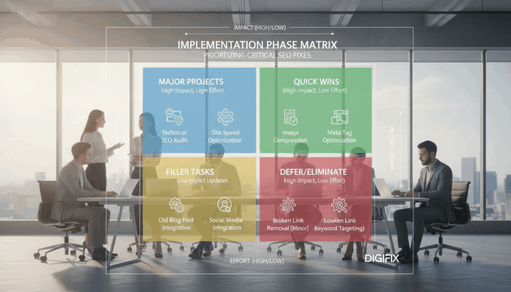 A Detailed And Visually Engaging &Quot;Implementation Phase Matrix&Quot; Graphic, Centered On Prioritizing Critical Seo Fixes For Website Performance. In The Foreground, A Sleek Digital Matrix With Rows And Columns, Displaying Icons And Color-Coded Sections That Represent Various Seo Tasks (E.g., Technical Audits, Site Speed Improvements, Mobile Optimization). The Middle Ground Features A Diverse Group Of Professionals In Business Attire Discussing The Matrix, Examining It Closely, And Collaborating With Tablets And Laptops In Hand. In The Background, A Modern Office Environment With Large Windows, Allowing Natural Light To Flood In, Creating A Bright, Optimistic Atmosphere. Soft, Diffused Lighting To Enhance Focus On The Matrix And Characters. The Brand Name &Quot;Digifix&Quot; Subtly Incorporated Into The Design, Emphasizing Professionalism And Expertise Without Any Text Overlays. A Detailed And Visually Engaging &Quot;Implementation Phase Matrix&Quot; Graphic, Centered On Prioritizing Critical Seo Fixes For Website Performance. In The Foreground, A Sleek Digital Matrix With Rows And Columns, Displaying Icons And Color-Coded Sections That Represent Various Seo Tasks (E.g., Technical Audits, Site Speed Improvements, Mobile Optimization). The Middle Ground Features A Diverse Group Of Professionals In Business Attire Discussing The Matrix, Examining It Closely, And Collaborating With Tablets And Laptops In Hand. In The Background, A Modern Office Environment With Large Windows, Allowing Natural Light To Flood In, Creating A Bright, Optimistic Atmosphere. Soft, Diffused Lighting To Enhance Focus On The Matrix And Characters. The Brand Name &Quot;Digifix&Quot; Subtly Incorporated Into The Design, Emphasizing Professionalism And Expertise Without Any Text Overlays.