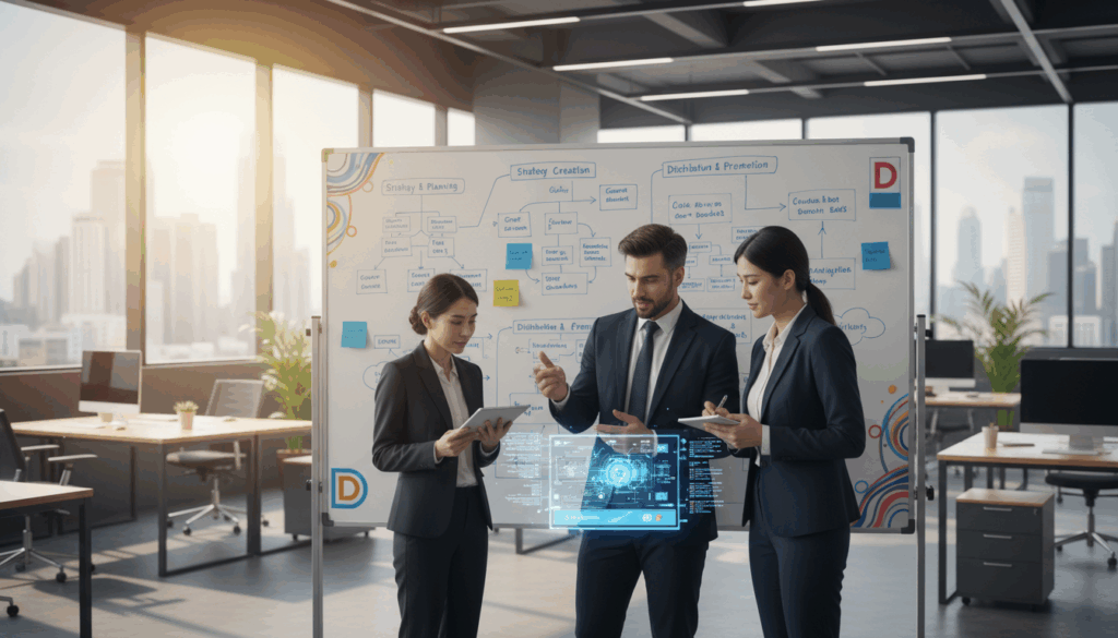 A Detailed And Visually Engaging Video Marketing Implementation Roadmap, Illustrating Key Strategic Steps In A Professional Business Environment. In The Foreground, A Diverse Group Of Three Professionals In Business Attire Collaborate Around A Digital Tablet Displaying Dynamic Video Marketing Graphics, Symbolizing Teamwork And Innovation. The Middle Ground Showcases A Clean Whiteboard Filled With Colorful Charts And Timelines Mapping Video Marketing Strategies, Accented With Post-It Notes Highlighting Important Milestones. In The Background, A Modern Office Space With Large Windows Allowing Natural Light To Stream In, Creating A Bright And Optimistic Atmosphere. The Camera Angle Captures The Scene From A Slightly Elevated Position, Emphasizing The Collaborative Effort And Forward-Thinking Nature Of The Project. The Brand &Quot;Digifix&Quot; Is Subtly Integrated Into The Design Elements Without Any Text.
