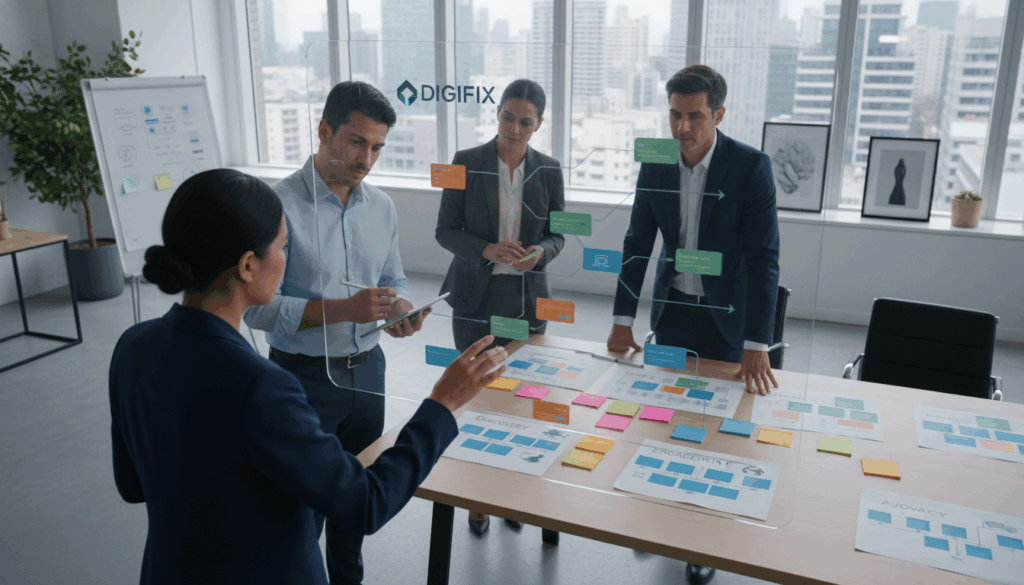 A Detailed Customer Journey Mapping Visualization, Featuring A Diverse Group Of Professionals In Business Attire Working Collaboratively Around A Large Interactive Display Screen. In The Foreground, A Woman Points At A Flowchart, While A Man Takes Notes On A Digital Tablet; Both Appear Engaged And Focused. In The Middle Ground, Various Sticky Notes And Diagrams Are Scattered On A Table, Representing Different Stages Of The Customer Journey. The Background Shows A Bright, Modern Office Setting With Large Windows Allowing Natural Light To Flood The Room, Casting Soft Shadows. The Atmosphere Is Focused And Dynamic, Emphasizing Teamwork And Strategy. The Brand Name &Quot;Digifix&Quot; Is Subtly Integrated Into The Design Of The Display Screen. The Image Is Captured From A Slightly Elevated Angle, Conveying A Sense Of Professionalism And Innovation.