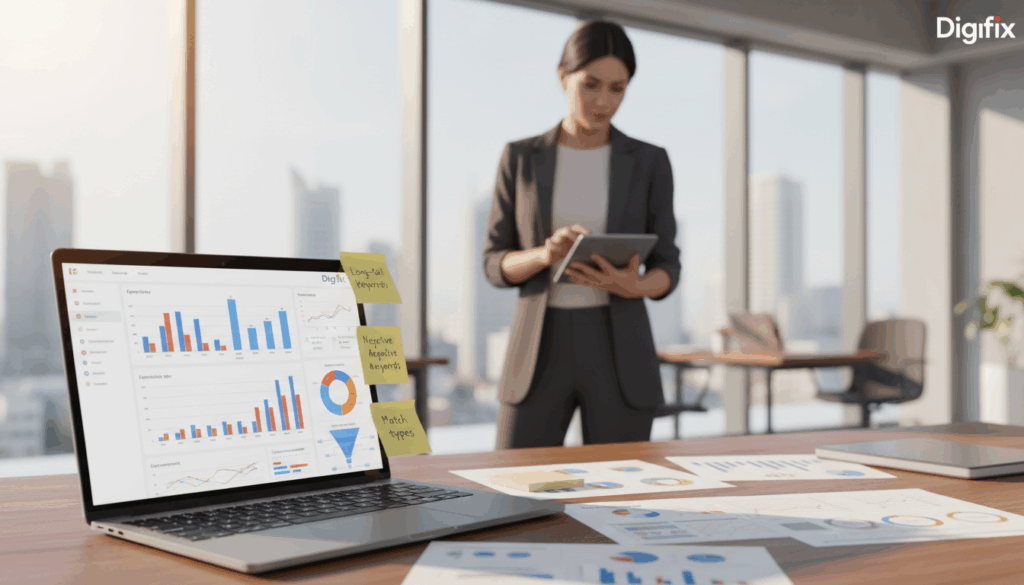 A Detailed Digital Workspace Illustrating A Ppc Keywords Strategy For Google Search Ads. In The Foreground, A Sleek Laptop Displays An Analytics Dashboard With Colorful Graphs Showing Keyword Performance Metrics. In The Middle, A Confident Businesswoman Dressed In Professional Attire Is Analyzing Data With A Digital Tablet, Her Focused Expression Reflecting Determination And Expertise. Surrounding Her, Notes With Keywords, Market Research Charts, And Strategy Maps Are Scattered On A Modern Desk. The Background Features A Bright, Airy Office With Large Windows, Allowing Natural Light To Illuminate The Scene. The Overall Atmosphere Is Dynamic And Forward-Thinking, Emphasizing Innovation In Lead Generation Strategies. The Brand Name &Quot;Digifix&Quot; Is Subtly Integrated Into The Workspace Environment As Part Of A Digital Screen Display.