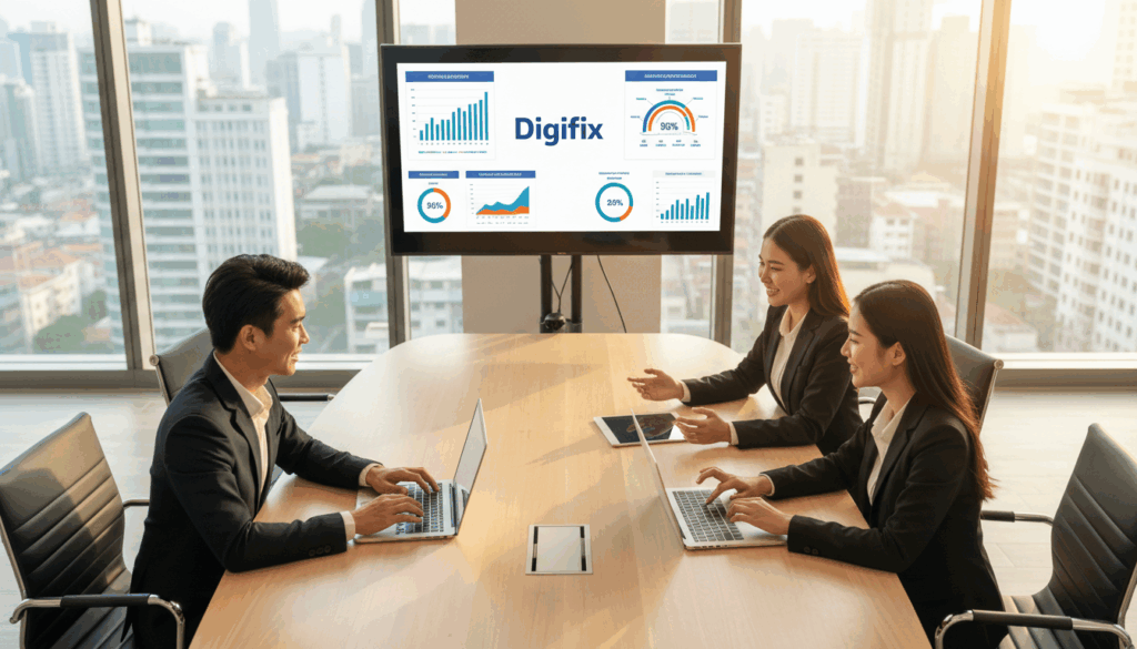 A Detailed Scene Illustrating A Strategic Facebook Advertising Campaign, Featuring A Diverse Group Of Three Professionals, All Dressed In Smart Business Attire, Engaged In A Brainstorming Session Around A Large, Modern Conference Table. In The Foreground, Laptops And Digital Tablets Are Open, Displaying Facebook Ad Analytics And Targeted Demographic Graphs. In The Middle Ground, A Large Screen Presents Colorful Graphs And Charts Emphasizing Roi Metrics And Audience Targeting Strategies, Along With The Brand Name &Quot;Digifix&Quot; Prominently Displayed. The Background Shows A Sleek, Contemporary Office Environment With Large Windows Letting In Natural Light, Creating A Bright And Optimistic Atmosphere. The Lighting Is Warm And Inviting, Enhancing The Collaborative Mood Of The Scene, Captured From A Slightly Elevated Angle To Encompass All Participants And Elements. A Detailed Scene Illustrating A Strategic Facebook Advertising Campaign, Featuring A Diverse Group Of Three Professionals, All Dressed In Smart Business Attire, Engaged In A Brainstorming Session Around A Large, Modern Conference Table. In The Foreground, Laptops And Digital Tablets Are Open, Displaying Facebook Ad Analytics And Targeted Demographic Graphs. In The Middle Ground, A Large Screen Presents Colorful Graphs And Charts Emphasizing Roi Metrics And Audience Targeting Strategies, Along With The Brand Name &Quot;Digifix&Quot; Prominently Displayed. The Background Shows A Sleek, Contemporary Office Environment With Large Windows Letting In Natural Light, Creating A Bright And Optimistic Atmosphere. The Lighting Is Warm And Inviting, Enhancing The Collaborative Mood Of The Scene, Captured From A Slightly Elevated Angle To Encompass All Participants And Elements.