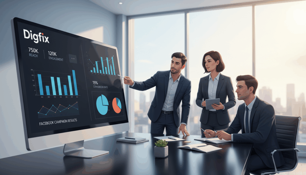 A Digital Illustration Showcasing Facebook Marketing Engagement Metrics. In The Foreground, A Computer Screen Displays Colorful Graphs And Charts With Numerical Data Reflecting Campaign Results, Prominently Featuring The Brand Name &Quot;Digifix.&Quot; In The Middle, A Diverse Group Of Professionals Dressed In Smart Business Attire Discuss Strategies, Pointing At The Screen With Focused Expressions. The Background Features A Modern Office Environment With Large Windows Letting In Natural Light, Creating A Bright And Optimistic Atmosphere. Incorporate Subtle Details Like A Potted Plant And Notepads Scattered On A Sleek Conference Table, Enhancing The Professional Setting. Use A Clear Focus With A Slight Depth Of Field To Emphasize The Interactions Between The Colleagues And The Data Displayed On The Screen. The Overall Mood Should Convey Success And Collaboration In A Business Context.