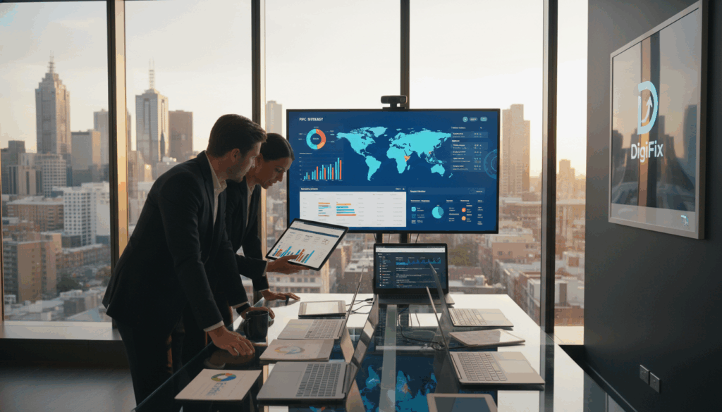 A Digital Marketing Office Setup With A Focus On Ppc Advertising For Melbourne Businesses. In The Foreground, A Professional-Looking Male And Female Team, Dressed In Business Attire, Collaborate Around A Table Covered With Digital Devices Displaying Analytics And Google Ads Campaign Data. In The Middle Ground, An Interactive Touchscreen Displaying Vibrant Charts And Graphs Reflects Strategic Planning. The Background Features A City Skyline View Of Melbourne, With Its Iconic Architecture Visible Through Expansive Windows. Soft, Natural Lighting Fills The Room, Creating A Bright And Motivating Atmosphere. The Digital Marketing Agency'S Branding, &Quot;Digifix&Quot;, Is Subtly Integrated Into The Environment, Enhancing The Theme Of Targeted Advertising Strategies. The Camera Angle Is Slightly Elevated, Providing A Comprehensive View Of The Collaboration In This Modern Workspace. A Digital Marketing Office Setup With A Focus On Ppc Advertising For Melbourne Businesses. In The Foreground, A Professional-Looking Male And Female Team, Dressed In Business Attire, Collaborate Around A Table Covered With Digital Devices Displaying Analytics And Google Ads Campaign Data. In The Middle Ground, An Interactive Touchscreen Displaying Vibrant Charts And Graphs Reflects Strategic Planning. The Background Features A City Skyline View Of Melbourne, With Its Iconic Architecture Visible Through Expansive Windows. Soft, Natural Lighting Fills The Room, Creating A Bright And Motivating Atmosphere. The Digital Marketing Agency'S Branding, &Quot;Digifix&Quot;, Is Subtly Integrated Into The Environment, Enhancing The Theme Of Targeted Advertising Strategies. The Camera Angle Is Slightly Elevated, Providing A Comprehensive View Of The Collaboration In This Modern Workspace.