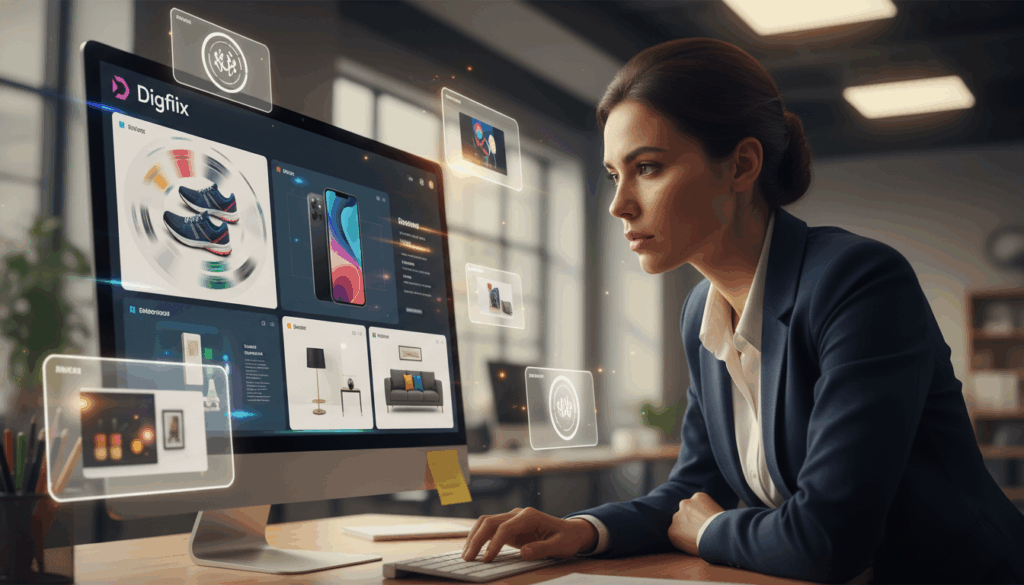 A Digital Workspace Depicting The Concept Of Remarketing Ads, Focused On A Computer Screen Displaying Vibrant, Engaging Advertisements Tailored For Various Online Products. In The Foreground, A Business Professional In Business Attire Is Intently Reviewing The Ads, Showcasing A Sense Of Concentration And Analytical Thinking. The Middle Layer Features Floating Digital Ad Elements, Such As Colorful Banners And Product Images Depicting Shoes, Electronics, And Home Goods, Emanating Light And A Subtle Glow, Signifying Their Importance. The Background Has A Blurred, Modern Office Setting With Soft Lighting To Create A Focused Atmosphere. The Entire Scene Is Illuminated With Warm, Inviting Light, Emphasizing The Potential Of Remarketing In Driving Online Conversions. Include A Logo For &Quot;Digifix&Quot; Subtly Incorporated Into The Interface Of The Computer Screen, Blending Seamlessly With The Theme. A Digital Workspace Depicting The Concept Of Remarketing Ads, Focused On A Computer Screen Displaying Vibrant, Engaging Advertisements Tailored For Various Online Products. In The Foreground, A Business Professional In Business Attire Is Intently Reviewing The Ads, Showcasing A Sense Of Concentration And Analytical Thinking. The Middle Layer Features Floating Digital Ad Elements, Such As Colorful Banners And Product Images Depicting Shoes, Electronics, And Home Goods, Emanating Light And A Subtle Glow, Signifying Their Importance. The Background Has A Blurred, Modern Office Setting With Soft Lighting To Create A Focused Atmosphere. The Entire Scene Is Illuminated With Warm, Inviting Light, Emphasizing The Potential Of Remarketing In Driving Online Conversions. Include A Logo For &Quot;Digifix&Quot; Subtly Incorporated Into The Interface Of The Computer Screen, Blending Seamlessly With The Theme.