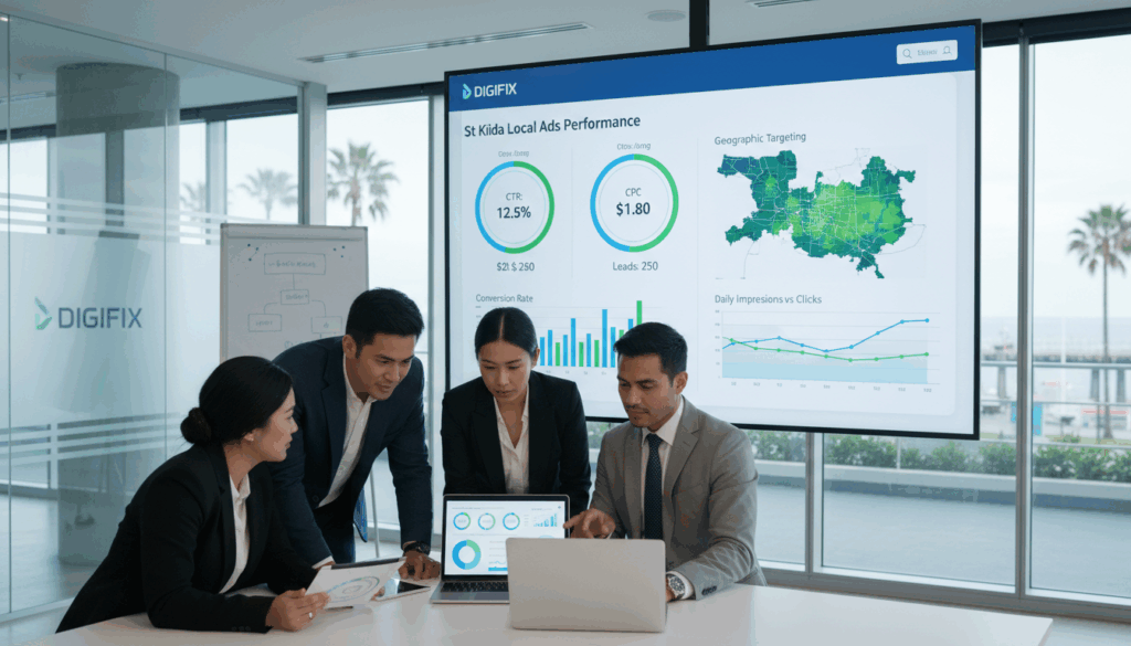 A Digital Workspace Illustrating The &Quot;Ppc St Kilda Optimisation Process&Quot; For Local Google Ads Management. In The Foreground, A Diverse Group Of Professionals, Dressed In Smart Business Attire, Engage In A Collaborative Meeting, Reviewing Charts And Graphs On A Sleek Laptop. In The Middle, A Large Screen Displays Colorful Data Visualizations And Analytics Related To Ad Performance, With Various Performance Metrics Highlighted. The Background Features A Modern Office Environment With Large Windows Allowing Natural Light To Stream In, Creating A Bright And Inviting Atmosphere. The Mood Is Focused And Dynamic, Emphasizing Teamwork And Strategic Planning, While The Overall Color Palette Combines Shades Of Blue And Green To Evoke A Sense Of Growth And Optimisation. Include &Quot;Digifix&Quot; Subtly Integrated Into The Office Decor, Such As On A Wall Or As Part Of A Presentation.