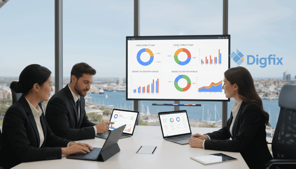 A Digitally Rendered Scene Showcasing A Vibrant Office Environment Focused On Google Ads Management For Local Businesses In Port Melbourne. In The Foreground, A Diverse Group Of Three Professionals, Dressed In Smart Business Attire, Collaborates Around A Modern Conference Table Adorned With Digital Devices Displaying Ppc Analytics And Campaign Strategies. The Middle Ground Features An Interactive Whiteboard Filled With Colorful Charts And Graphs That Illustrate The Challenges Of Ppc Campaigns. In The Background, Large Windows Overlook The Port Melbourne Waterfront, With A Lively Coastal View To Emphasize Growth Potential. The Lighting Is Bright And Natural, Creating An Optimistic Atmosphere. Capture This Moment With A Slight Depth Of Field Effect To Emphasize The Team While Softly Blurring The Scenic Backdrop. Include The Brand Name &Quot;Digifix&Quot; Subtly Incorporated Into The Design Elements.