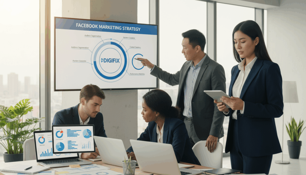 A Diverse Group Of Professionals Engaged In A Collaborative Meeting Environment, Representing Various Demographics And Age Groups. In The Foreground, A Confident Woman In Business Attire Analyzes Data On A Tablet, While A Middle-Aged Man In A Suit Gestures Towards A Digital Marketing Chart On A Screen. In The Middle Ground, A Young Man And Woman Discuss Strategies Over Laptops Cluttered With Marketing Materials, Showcasing Graphs And Customer Personas. The Background Features A Bright, Modern Office Space With Large Windows Allowing Natural Light To Filter In, Creating An Inspiring Atmosphere. The Focus Is On Teamwork And Strategic Planning For Facebook Marketing. The Brand Name &Quot;Digifix&Quot; Is Subtly Incorporated Into The Digital Marketing Visuals. Soft, Warm Lighting Enhances The Connected Atmosphere, Inviting Insights Into Target Audience Research And Segmentation.