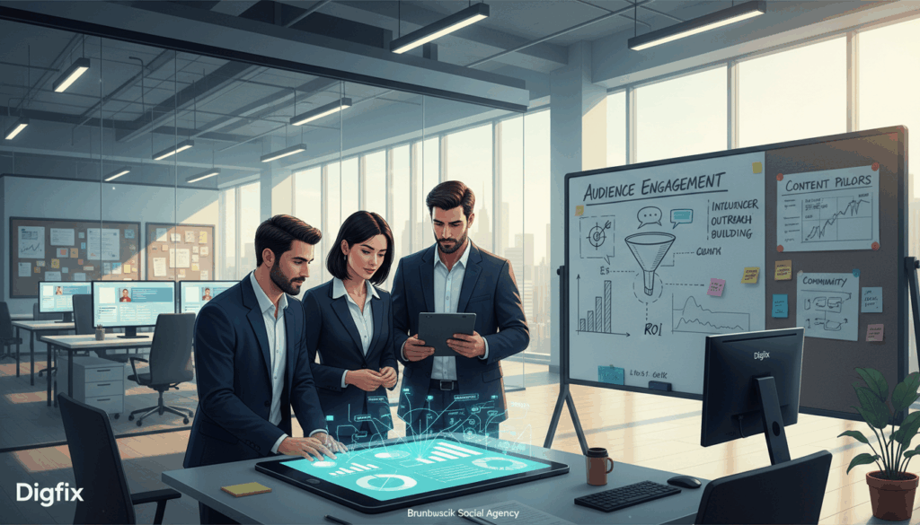 A Dynamic And Engaging Illustration Representing &Quot;Key Learnings&Quot; In Social Media Marketing. In The Foreground, A Diverse Group Of Four Professionals, Dressed In Smart Business Attire, Are Gathered Around A Digital Tablet Displaying Analyzed Social Media Metrics And Vibrant Graphs. In The Middle, A Large, Open Workspace Filled With Modern Technology, Brainstorming Notes, And A Whiteboard Filled With Ideas About Audience Engagement. The Background Features A Stylish Office Environment With Large Windows Allowing Soft, Natural Light To Illuminate The Scene, Creating A Warm And Inspiring Atmosphere. The Overall Mood Conveys Collaboration And Enthusiasm, Emphasizing Insights Gained From The Brunswick Social Agency Experience. Include The Brand Name &Quot;Digifix&Quot; Subtly Integrated Into The Workspace Design.