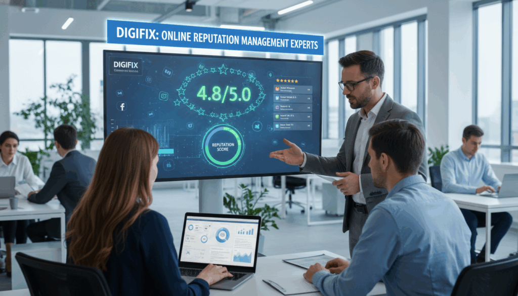 A Dynamic And Engaging Office Scene Showcasing Online Reputation Management, Featuring A Diverse Group Of Three Professionals In Business Attire Deeply Focused On Their Laptops. In The Foreground, A Woman With Long Hair Reviews Social Media Analytics On Her Screen, While A Man With Glasses Discusses Strategies With Another Colleague, Gesturing Towards A Large Monitor Displaying Positive Reviews And Ratings. The Middle Ground Contains Digital Graphics Of Social Media Icons And A Glowing Reputation Score, Illustrating The Concept Of Online Brand Image. The Background Is A Modern Office With A Soft Blue And White Color Palette, Bright Lighting Streaming In Through Large Windows, Creating A Positive And Productive Atmosphere. Include The Brand Name &Quot;Digifix&Quot; Prominently On A Digital Banner In The Office, Emphasizing Expertise In Reputation Management.