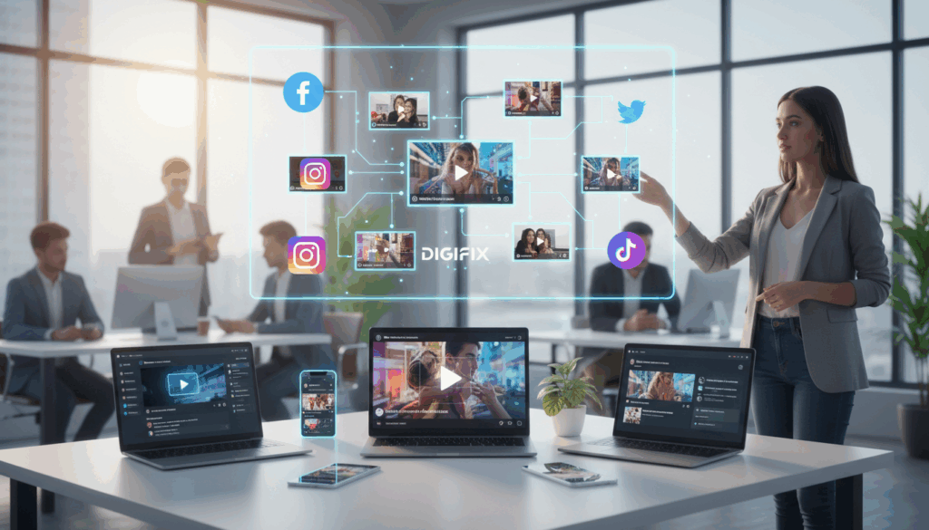 A Dynamic And Vibrant Digital Workspace Illustrating &Quot;Social Media Integration&Quot; For Video Marketing. In The Foreground, A Professional Businessperson In Smart Casual Clothing Is Presenting A Video Marketing Strategy On A Large Screen, Showing Various Social Media Logos Like Facebook, Instagram, And Twitter Alongside Video Thumbnails. The Middle Layer Features An Array Of Digital Devices (Laptops, Smartphones, Tablets) Displaying Engaging Video Content With A Lively User Interface. In The Background, A Bright, Modern Office Environment With Large Windows Letting In Natural Light To Create An Energetic And Collaborative Atmosphere. The Overall Mood Is Innovative And Professional, Promoting Brand Engagement With Cohesive Cross-Platform Strategies. The Brand &Quot;Digifix&Quot; Is Subtly Integrated Into The Devices' Interfaces, Emphasizing Its Role In The Social Media Marketing Landscape.