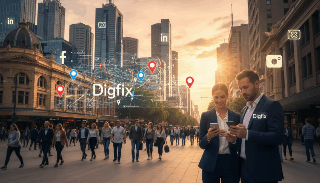 A Dynamic Cityscape Of Melbourne'S Central Business District (Cbd) With Vibrant Social Media Icons Subtly Integrated Into The Architecture. In The Foreground, A Professional Businesswoman And Businessman, Dressed In Smart Business Attire, Are Engaging In A Conversation While Using Their Mobile Devices, Showcasing Geo-Targeting Techniques. In The Middle, A Digital Map Overlay Displays Geo-Targeting Markers, Illustrating Location-Based Strategies For Cbd Businesses. The Background Features Iconic Melbourne Buildings Bathed In Warm Golden Hour Lighting, Giving A Sense Of Optimism And Innovation. The Overall Mood Is Professional Yet Vibrant, Capturing The Essence Of Modern Marketing In An Urban Setting. The Branding &Quot;Digifix&Quot; Is Subtly Represented On The Devices They Hold, Emphasizing The Focus On Cbd Social Media Campaigns. A Dynamic Cityscape Of Melbourne'S Central Business District (Cbd) With Vibrant Social Media Icons Subtly Integrated Into The Architecture. In The Foreground, A Professional Businesswoman And Businessman, Dressed In Smart Business Attire, Are Engaging In A Conversation While Using Their Mobile Devices, Showcasing Geo-Targeting Techniques. In The Middle, A Digital Map Overlay Displays Geo-Targeting Markers, Illustrating Location-Based Strategies For Cbd Businesses. The Background Features Iconic Melbourne Buildings Bathed In Warm Golden Hour Lighting, Giving A Sense Of Optimism And Innovation. The Overall Mood Is Professional Yet Vibrant, Capturing The Essence Of Modern Marketing In An Urban Setting. The Branding &Quot;Digifix&Quot; Is Subtly Represented On The Devices They Hold, Emphasizing The Focus On Cbd Social Media Campaigns.