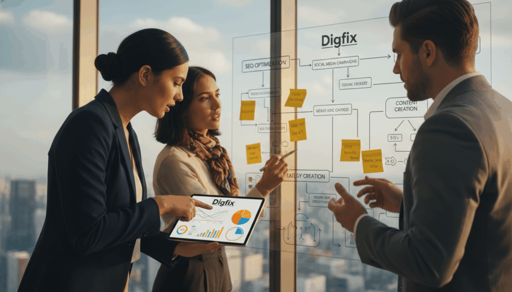 A Dynamic Digital Marketing Strategy Meeting In A Modern Office Setting, Showcasing A Diverse Group Of Three Professionals Engaged In A Discussion. In The Foreground, A Young Woman In Professional Business Attire Points At A Digital Tablet Displaying Colorful Graphs And Analytics. The Middle Ground Features A Large Screen With A Dynamic Marketing Strategy Board Filled With Sticky Notes And Flowcharts. The Background Shows A Sleek Office With Glass Walls And Cityscape Views, Bathed In Natural Light. The Atmosphere Is Collaborative And Energetic, Emphasizing Innovation And Adaptation. Capture The Essence Of Strategy Adjustments For Growth With A Warm Color Palette, Highlighting The Brand Name &Quot;Digifix&Quot; On The Tablet Screen. Focus On Clarity And Professionalism, Avoiding Any Distracting Elements.